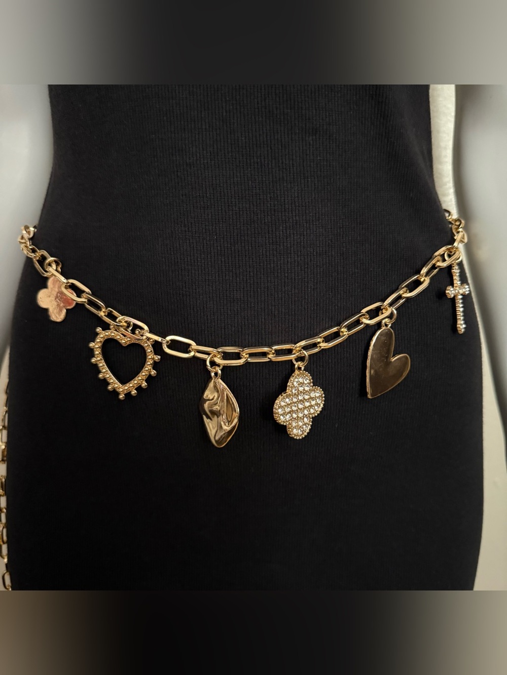 Gold tone metallic charms skinny chain belt